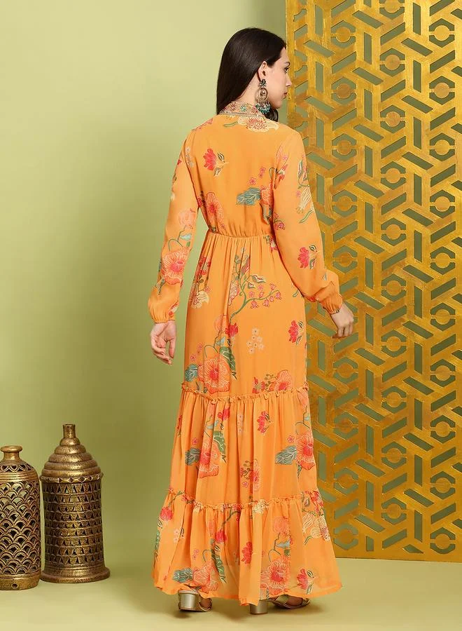 جلو باص فستان ماكسي نسائي بأكمام أسقف مطرزة باللون البرتقالي